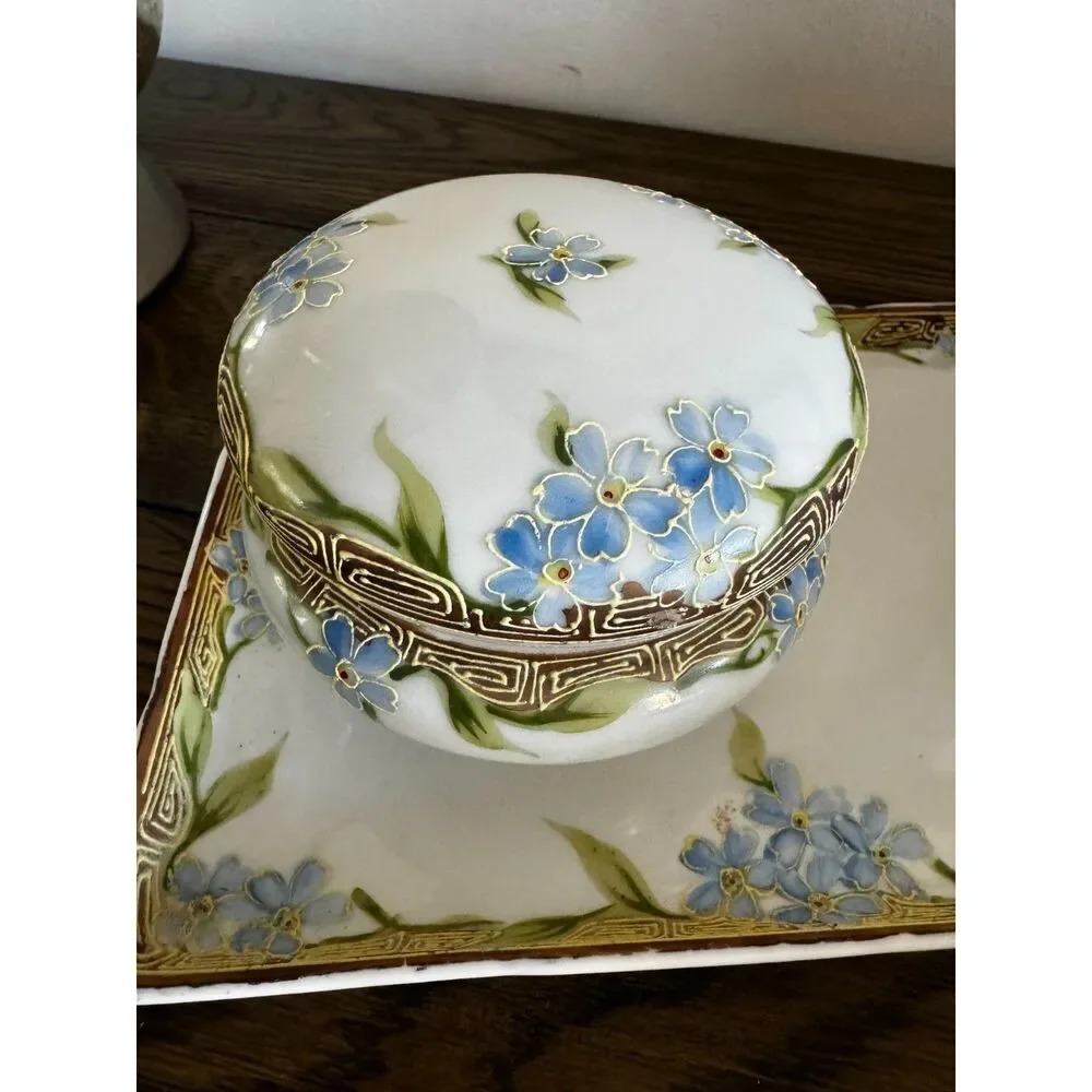 Vintage Nippon dresser set 3 pieces gorgeous hat pin holder, jar, tray